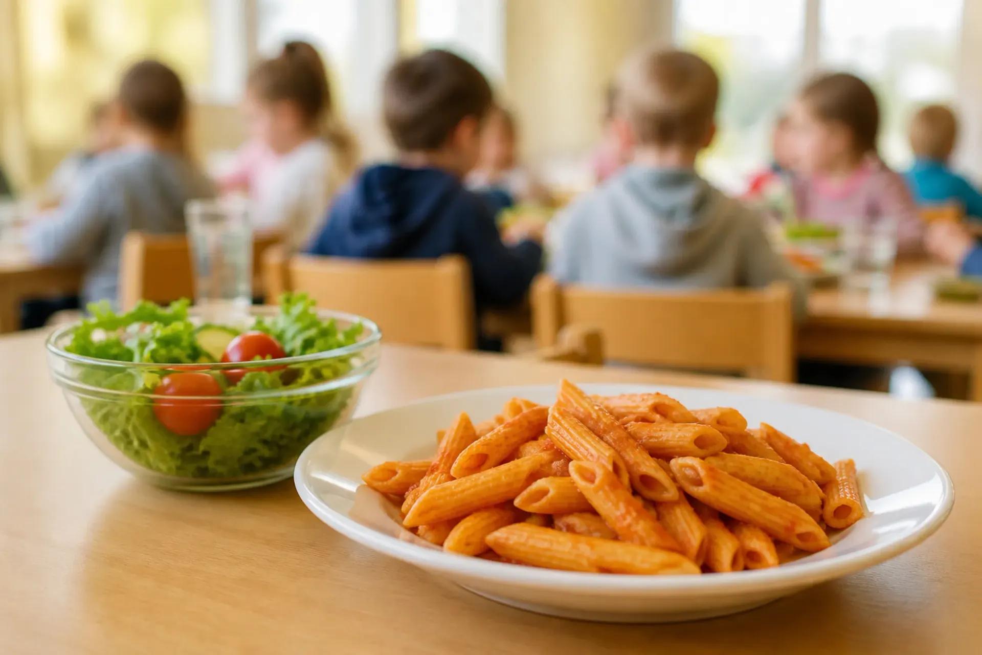 KI-generiertes Motiv: Warmes Mittagessen am Tisch einer Bildungseinrichtung