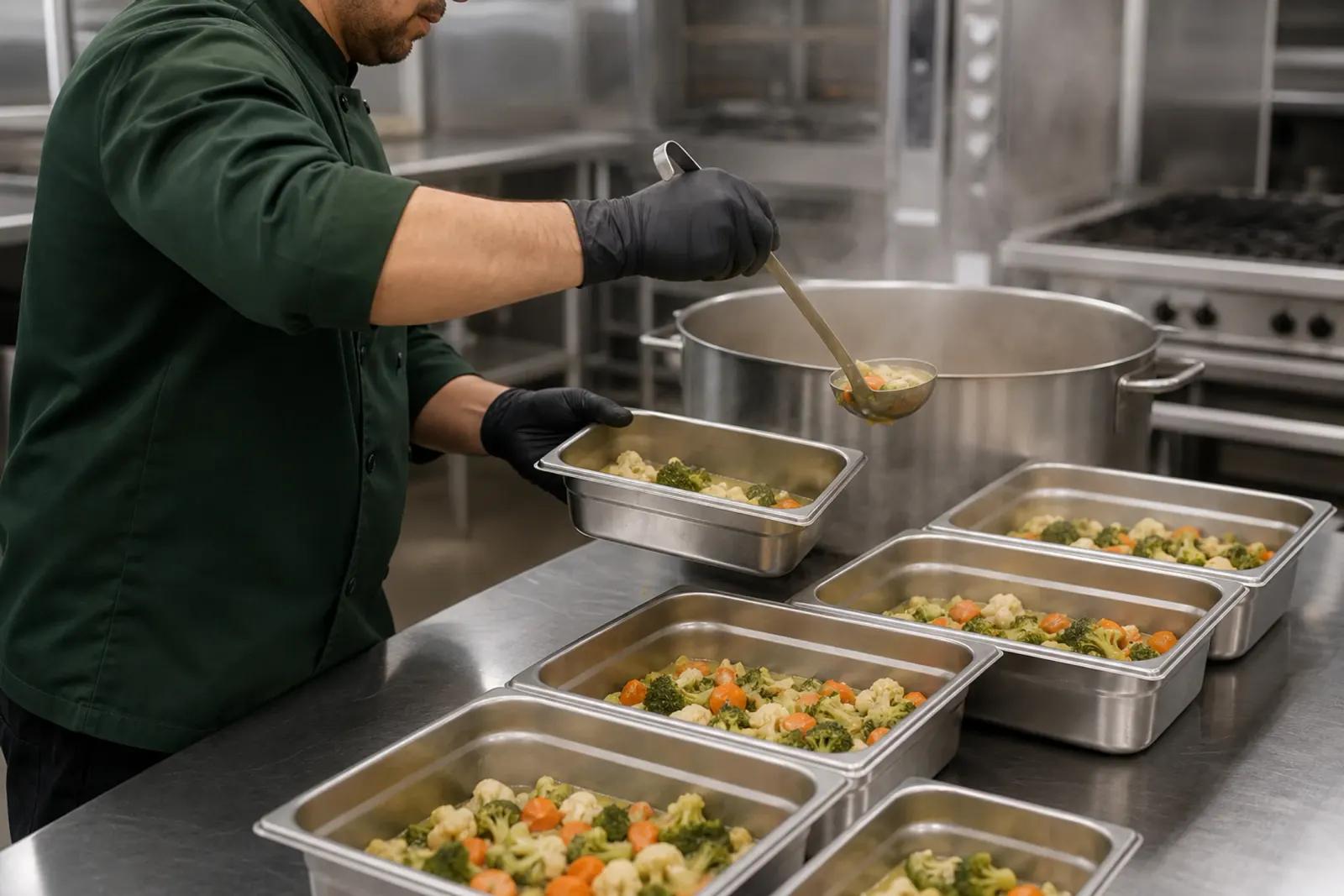 KI-generiertes Motiv: Unsere Küche — Portionierung in Edelstahl-GN